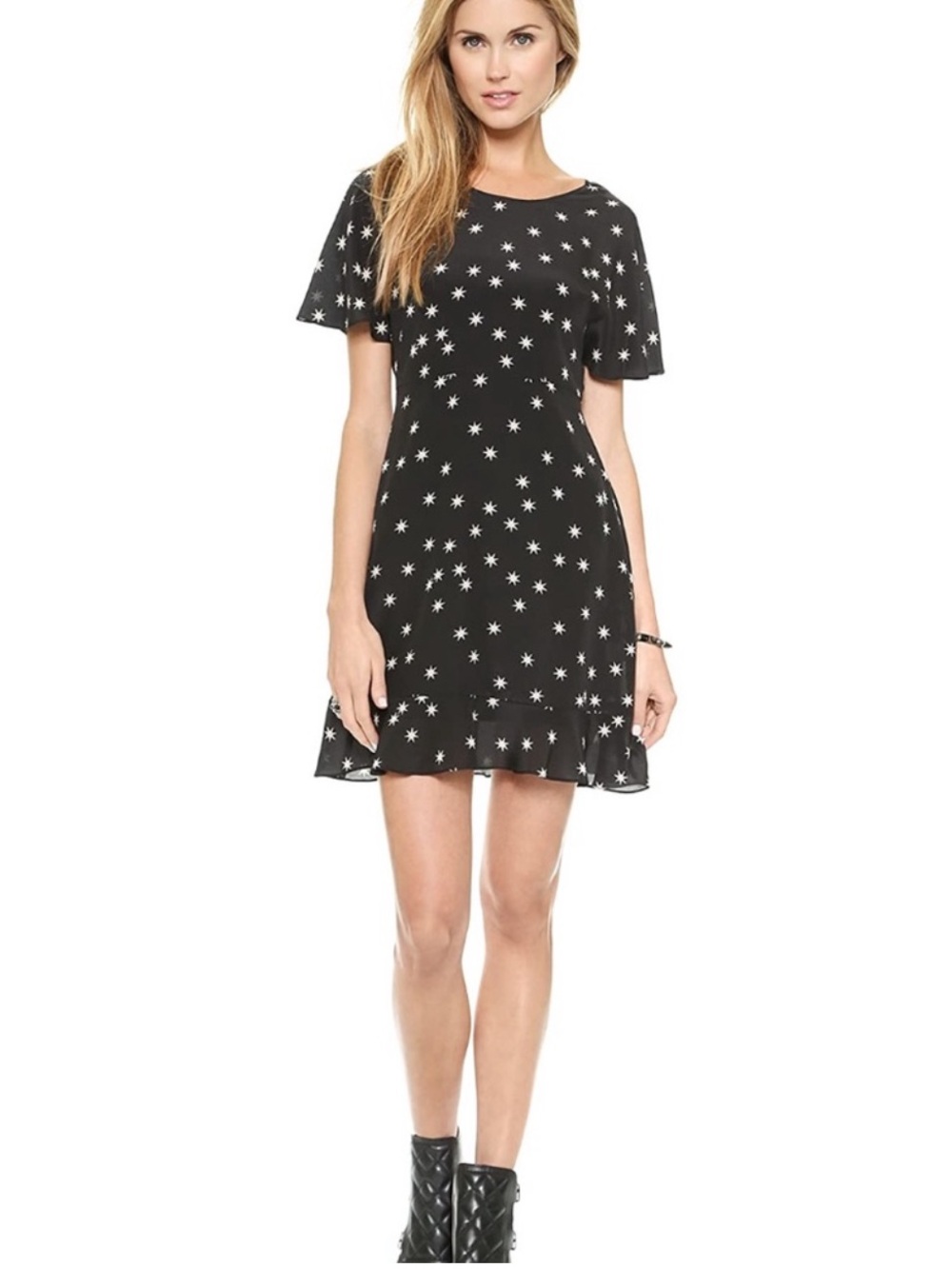 NWOT Pam & Gela Black & White Star Print Washed 100% Silk Flutter Sleeve Dress 6